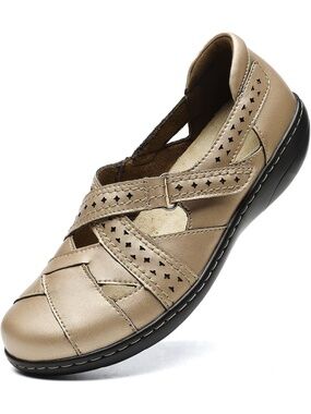Women's Gold Casual Loafers Cute Slip On Comfort Walking Flats Leather Shoes